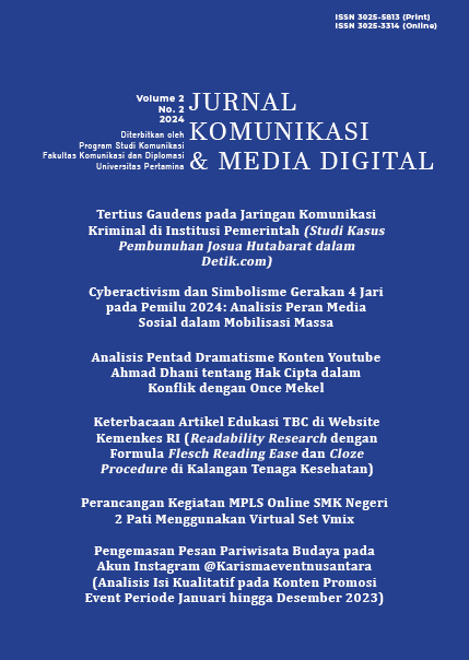 					View Vol. 2 No. 2 (2024): Jurnal Komunikasi & Media Digital
				